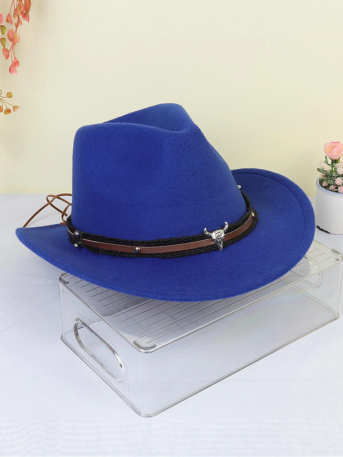 1pc Women Braided Detail Cattle Head Decor Cowboy Fedora Hat For Autumn