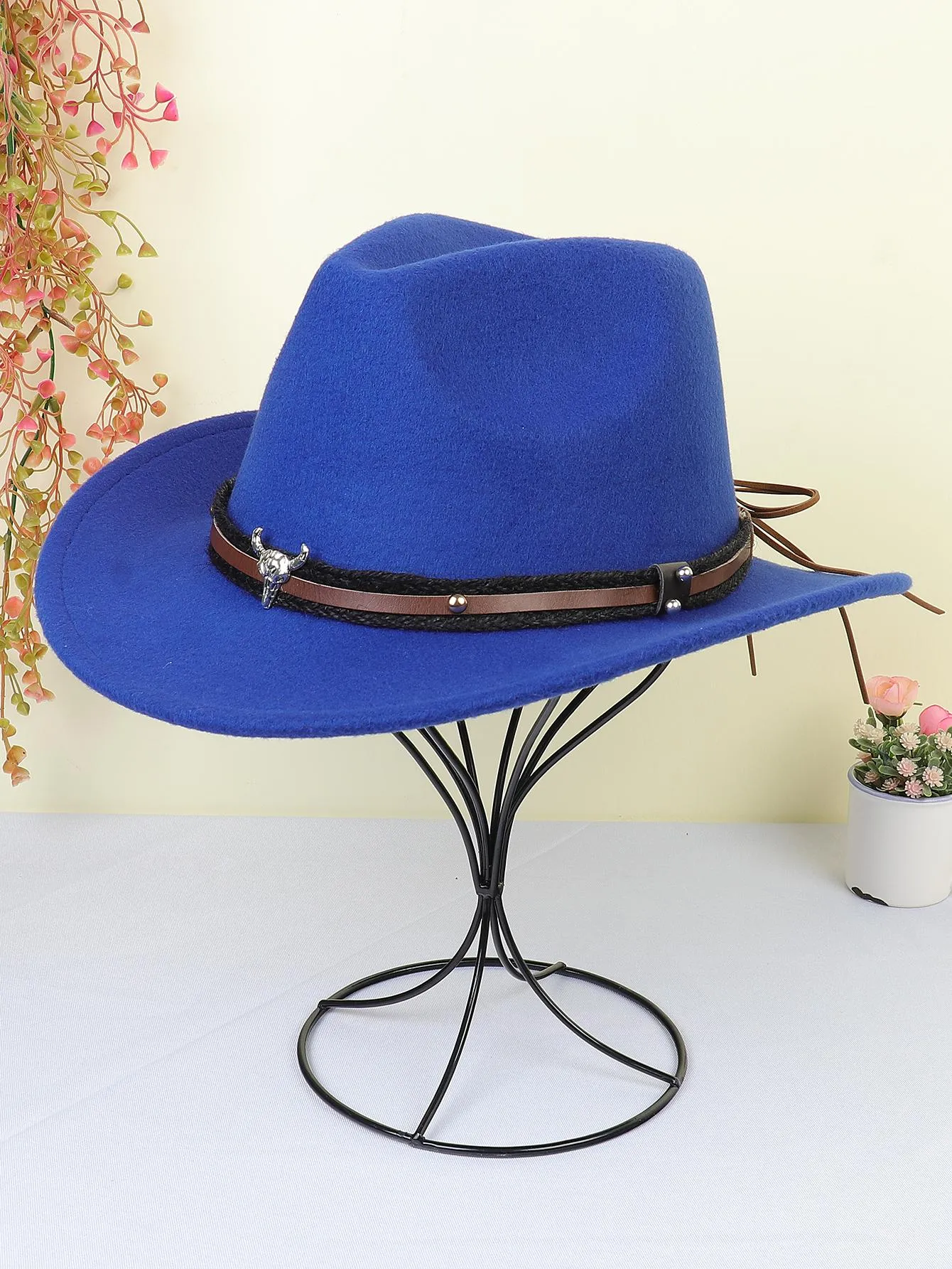 1pc Women Braided Detail Cattle Head Decor Cowboy Fedora Hat For Autumn