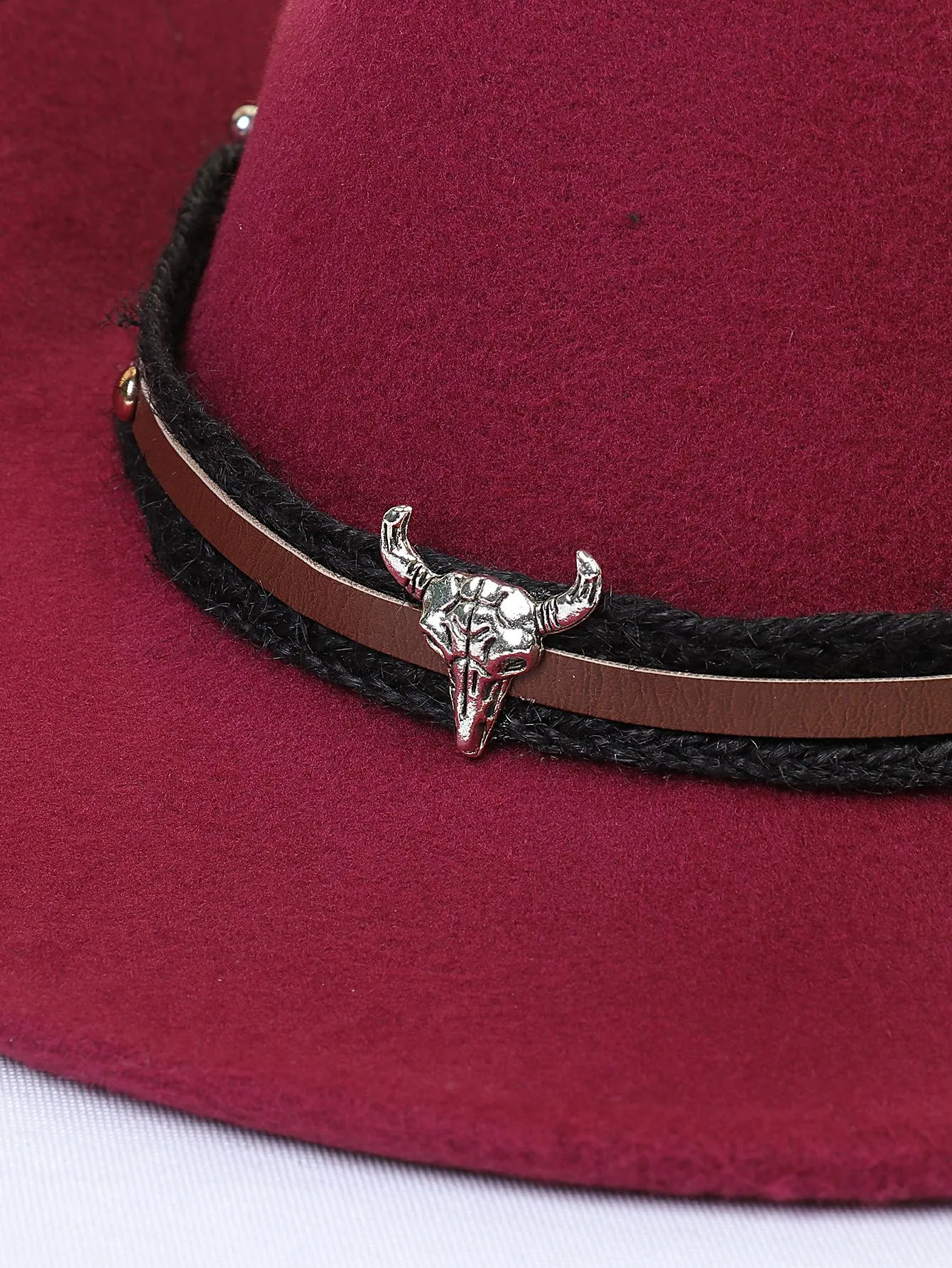 1pc Women Braided Detail Cattle Head Decor Cowboy Fedora Hat For Autumn