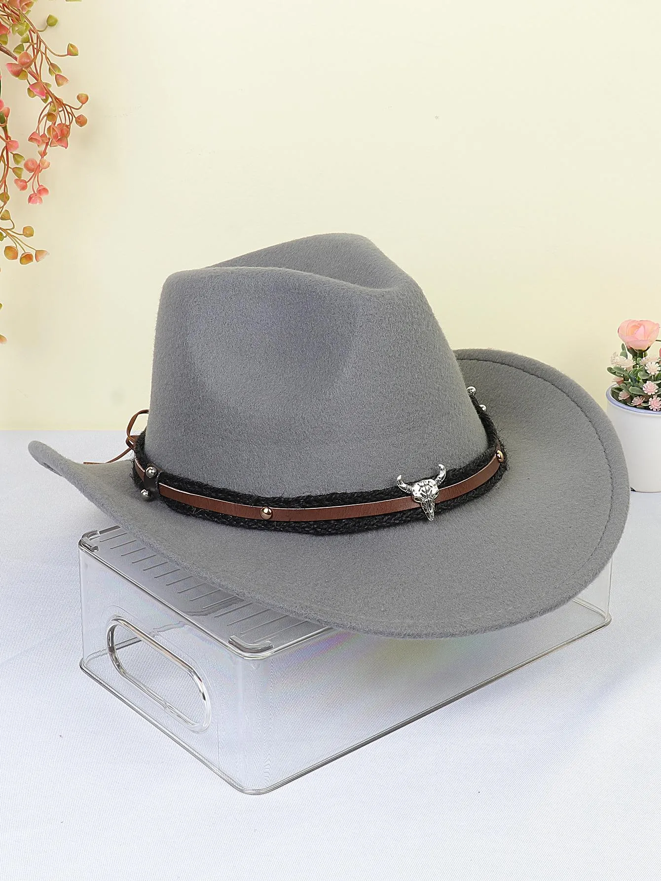 1pc Women Braided Detail Cattle Head Decor Cowboy Fedora Hat For Autumn