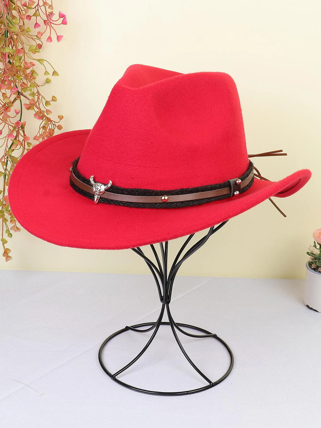 1pc Women Braided Detail Cattle Head Decor Cowboy Fedora Hat For Autumn