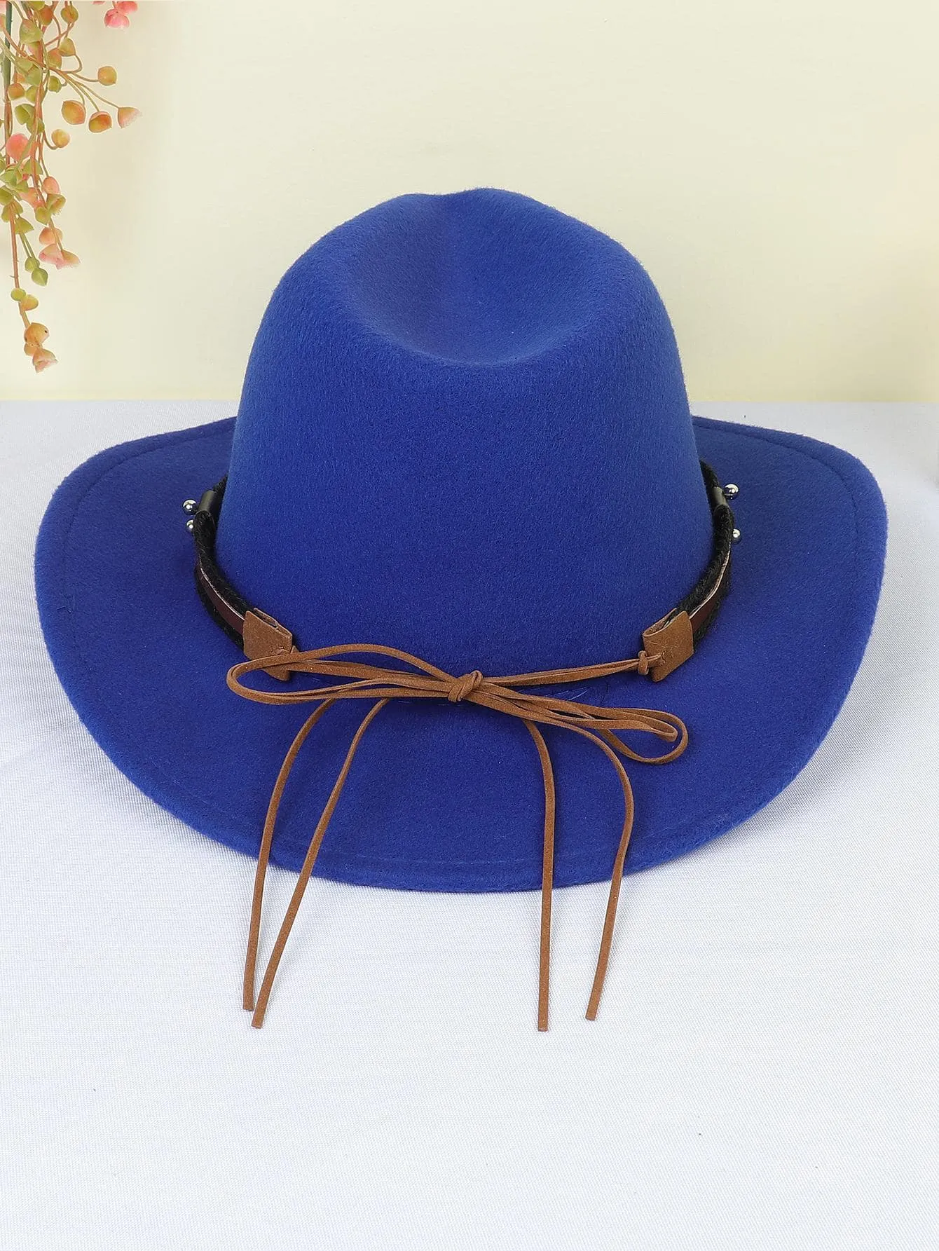 1pc Women Braided Detail Cattle Head Decor Cowboy Fedora Hat For Autumn