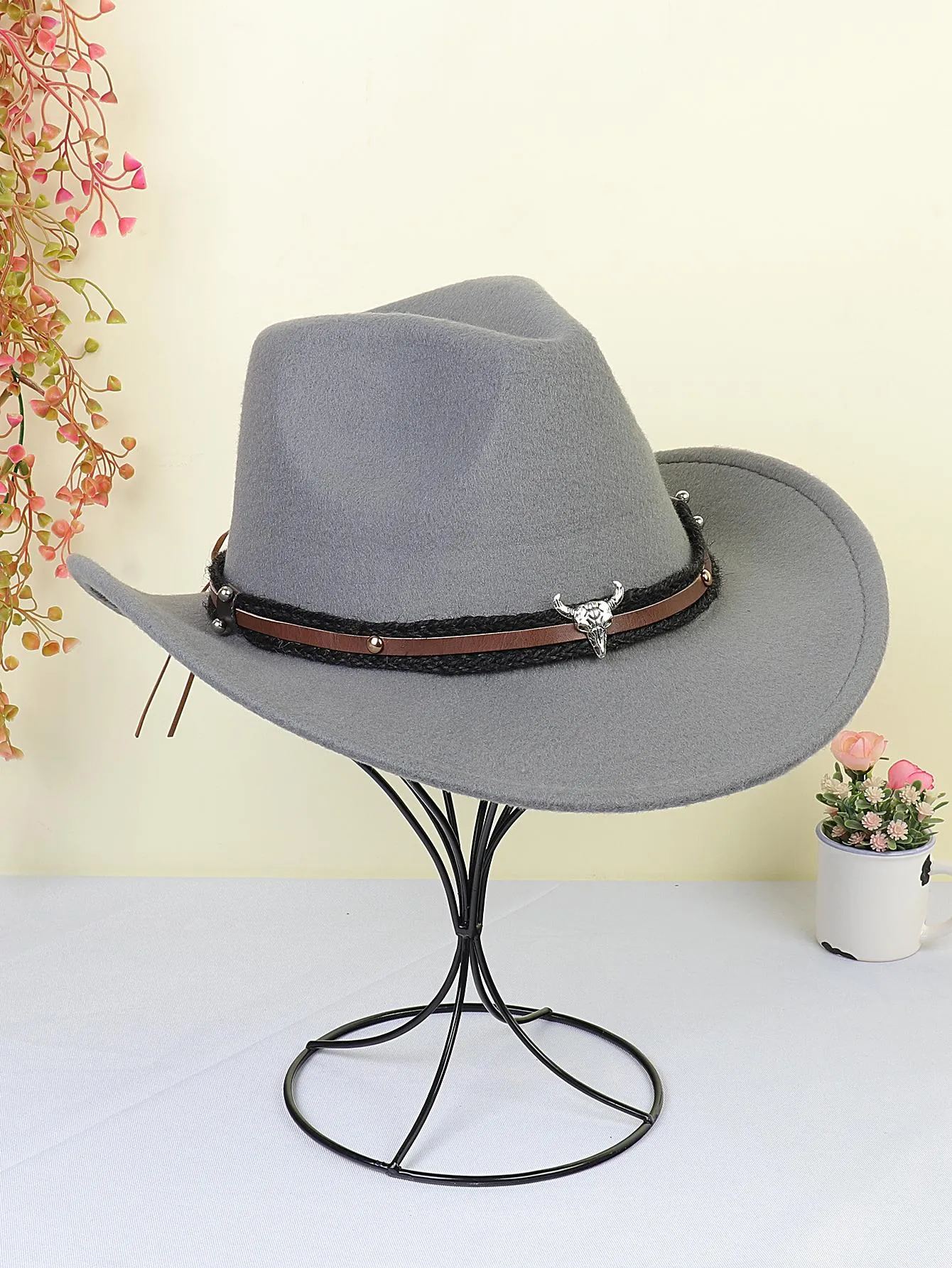 1pc Women Braided Detail Cattle Head Decor Cowboy Fedora Hat For Autumn