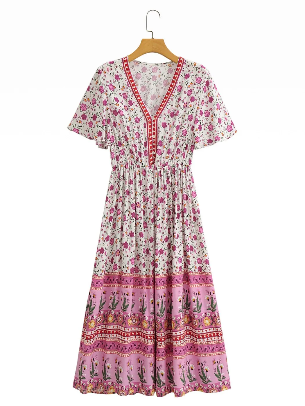 2023 Summer Boho Floral Printed Maxi Dress V Neck Sexy Ruffle Sleeve Vintage Vestidos  Hippie Beach Casual Women Dresses