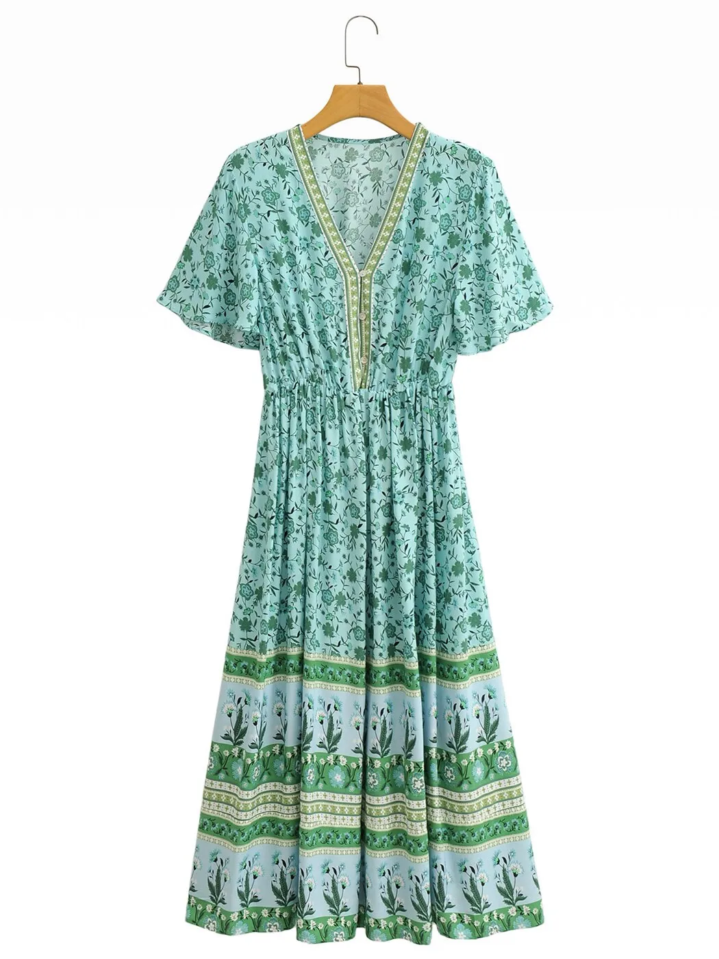 2023 Summer Boho Floral Printed Maxi Dress V Neck Sexy Ruffle Sleeve Vintage Vestidos  Hippie Beach Casual Women Dresses