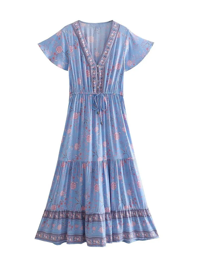 2023 Summer Boho Floral Printed Maxi Dress V Neck Sexy Ruffle Sleeve Vintage Vestidos  Hippie Beach Casual Women Dresses