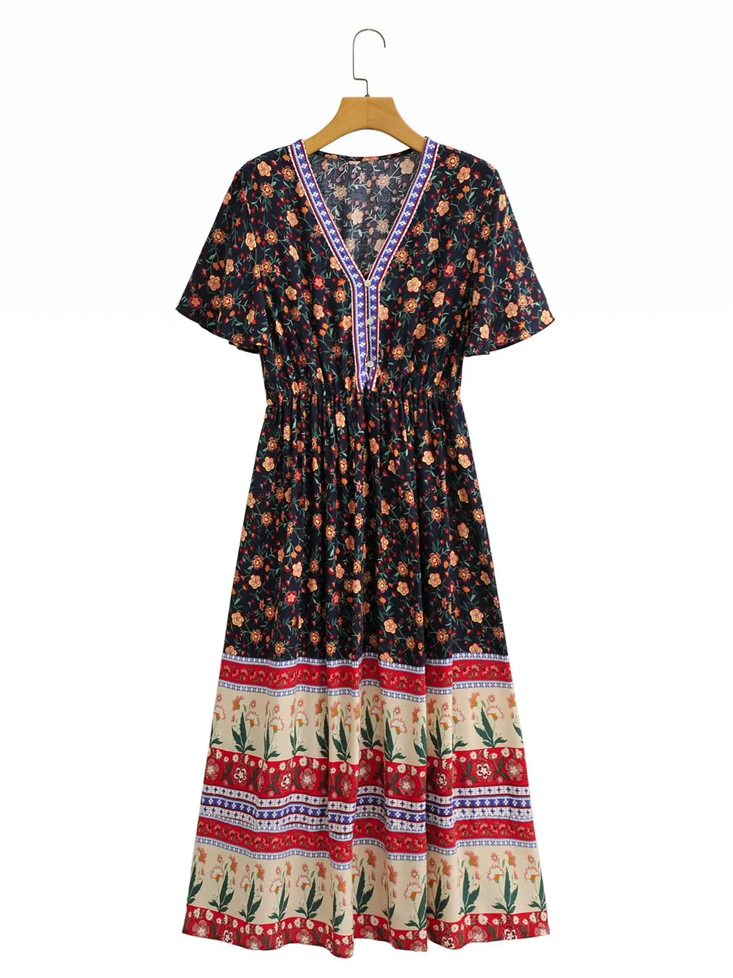 2023 Summer Boho Floral Printed Maxi Dress V Neck Sexy Ruffle Sleeve Vintage Vestidos  Hippie Beach Casual Women Dresses