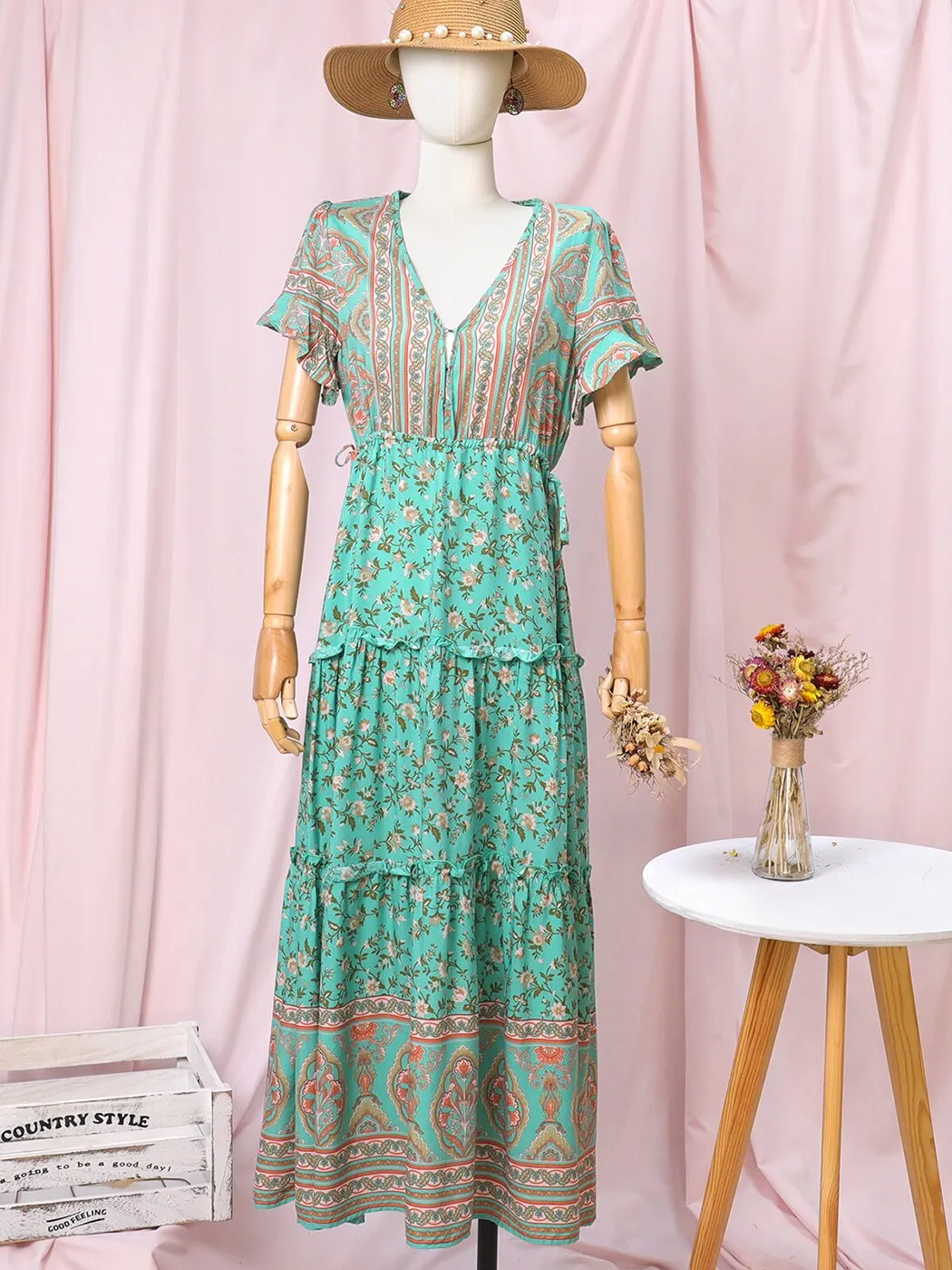 2023 Summer Boho Floral Printed Maxi Dress V Neck Sexy Ruffle Sleeve Vintage Vestidos  Hippie Beach Casual Women Dresses