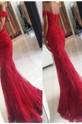 2024 Red Off The Shoulder Prom Dresses Mermaid Tulle With P2KP1FZ3