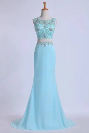 2024 Two Pieces Prom Dresses Scoop Sheath With Beading PLAC7EEK