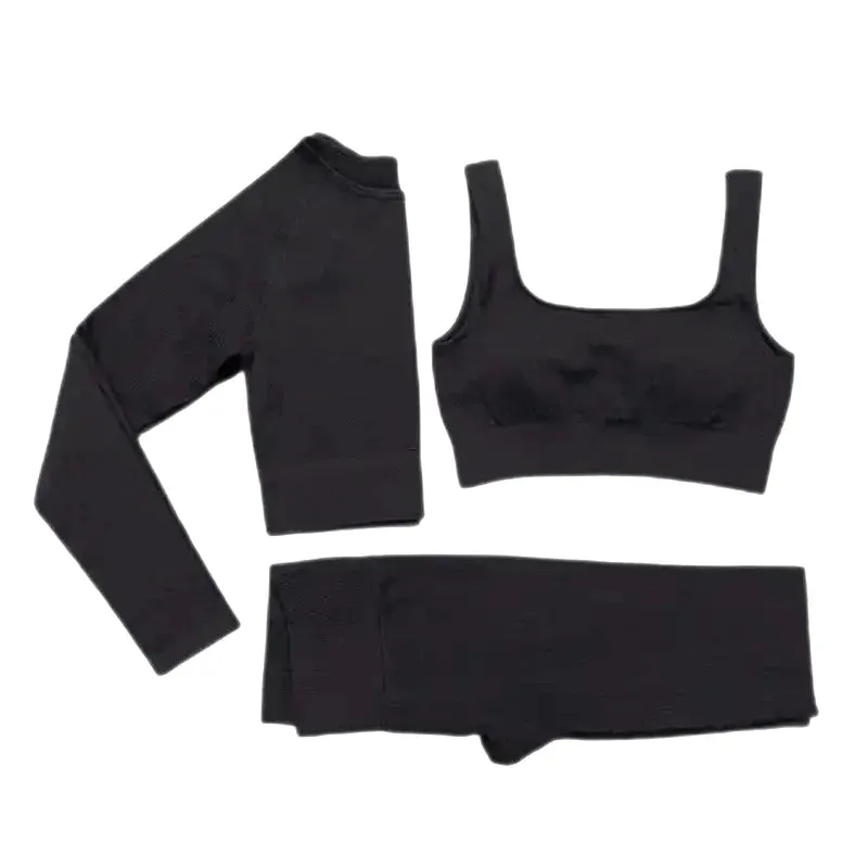 3 Piece Set Seamless Crop Top Leggings Long Sleeve Crop Top