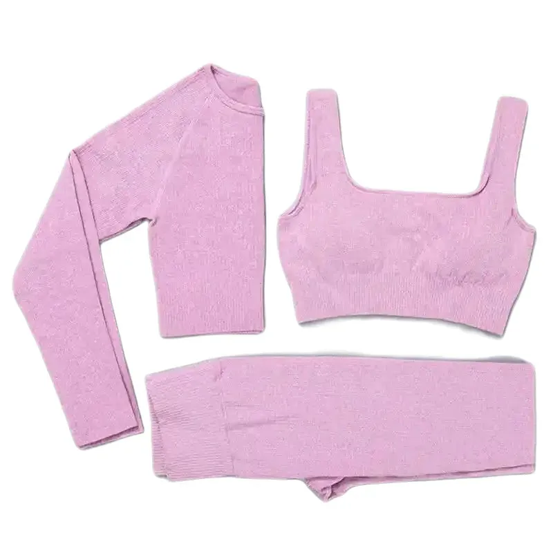 3 Piece Set Seamless Crop Top Leggings Long Sleeve Crop Top