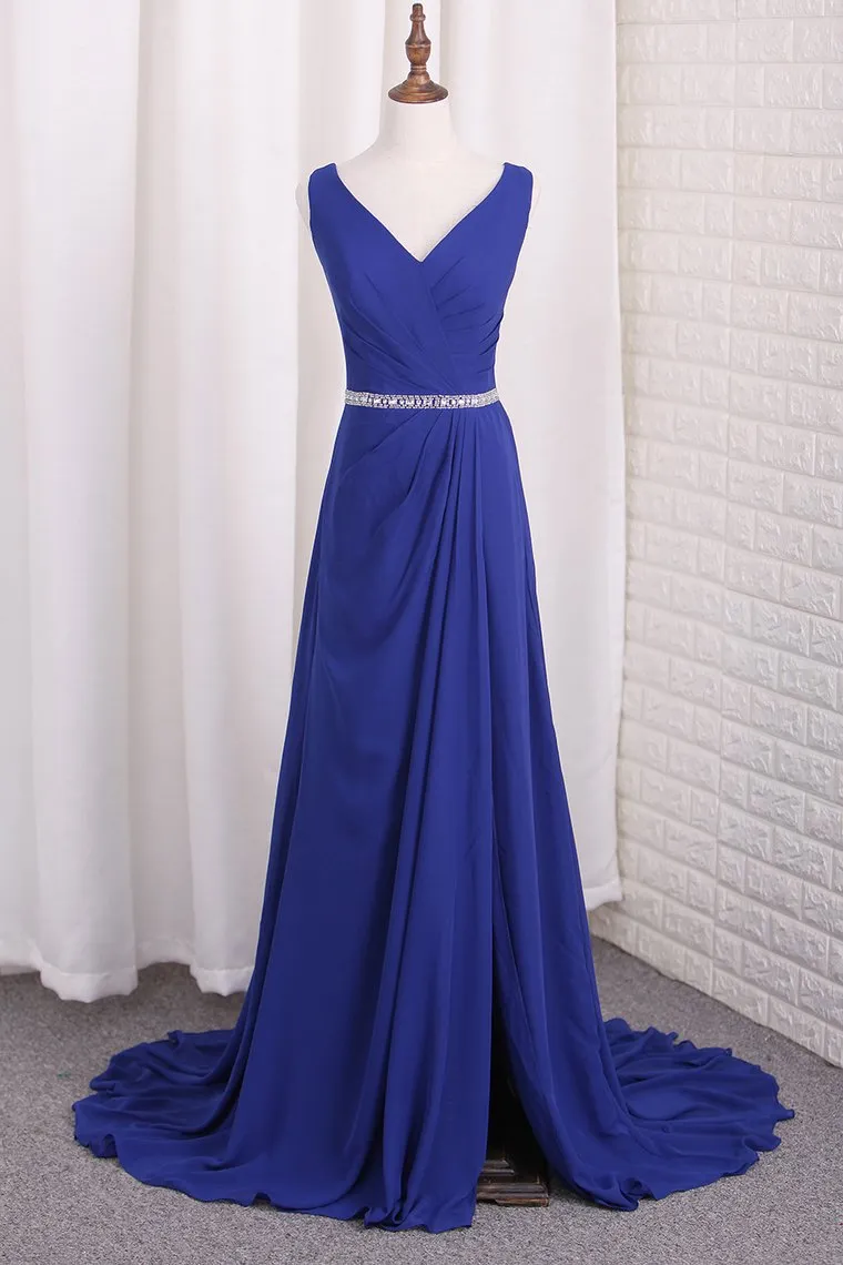 A Line Chiffon V Neck Bridesmaid Dresses Floor Length