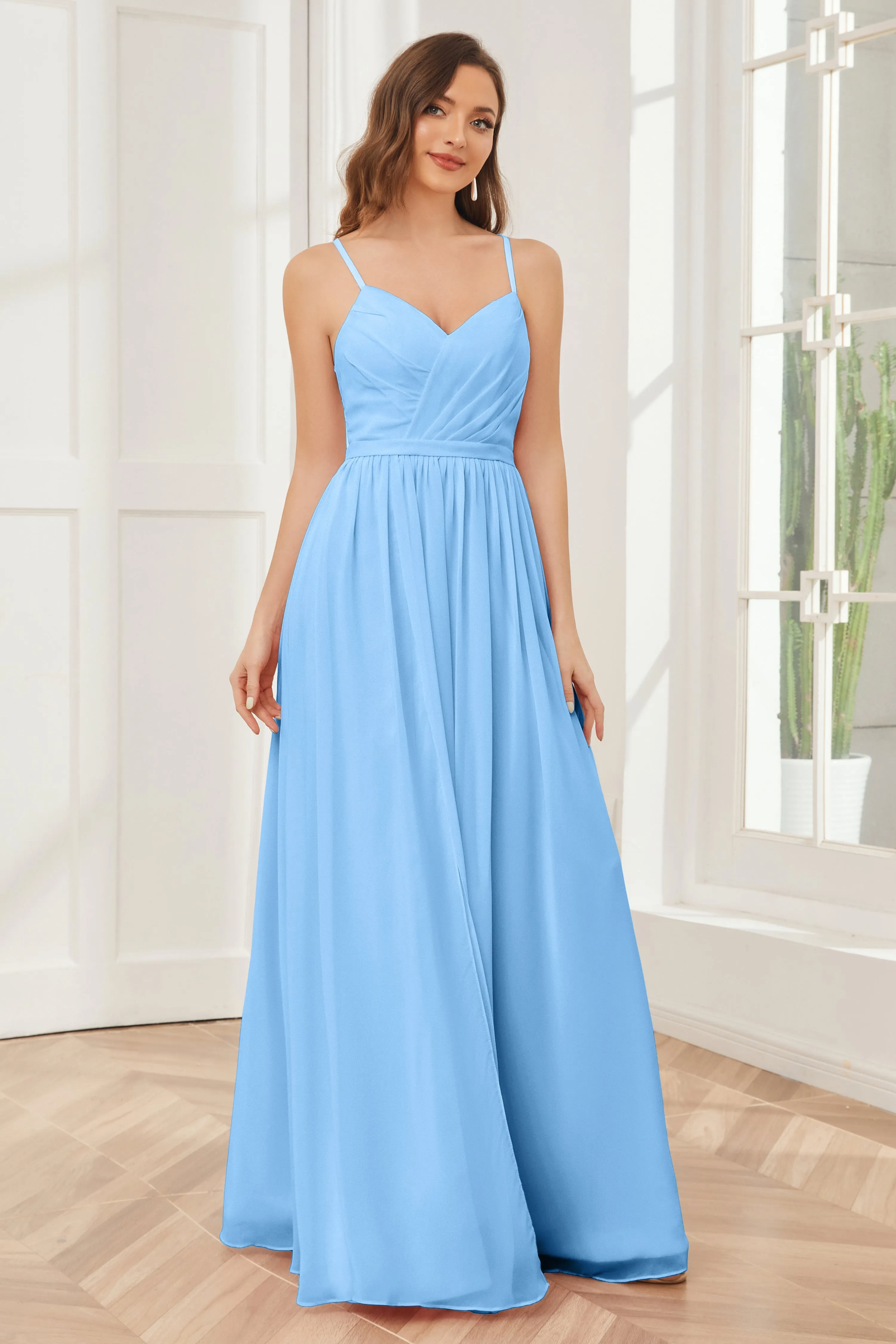 A-line Spaghetti Straps Chiffon Long Bridesmaid Dresses