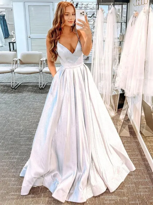 A Line V Neck Open Back Silver Long Prom Dresses, V Neck Silver Formal Graduation Evening Dresses