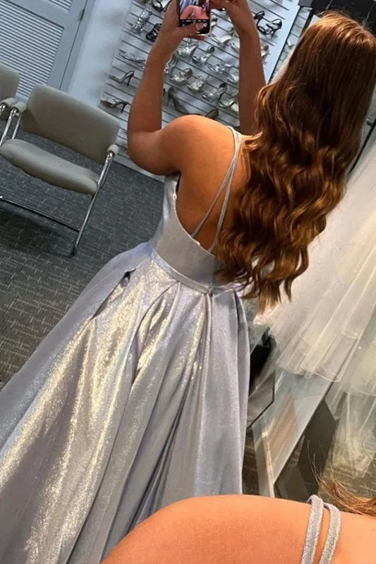 A Line V Neck Open Back Silver Long Prom Dresses, V Neck Silver Formal Graduation Evening Dresses