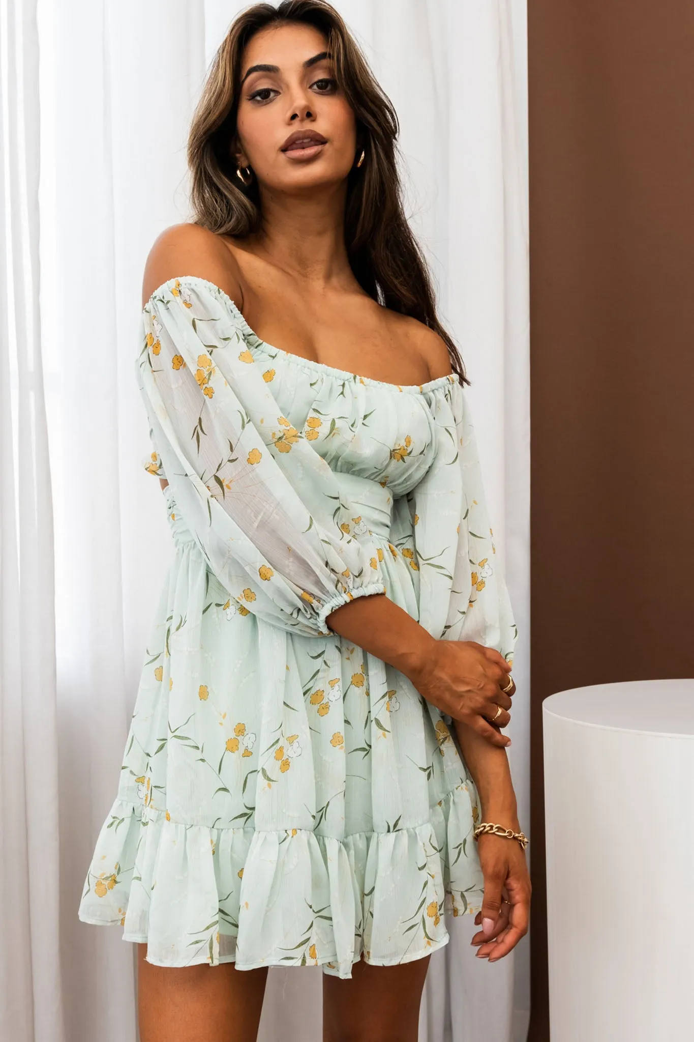 Abby Off-Shoulder Tie-Up Back Dress Floral Print Mint