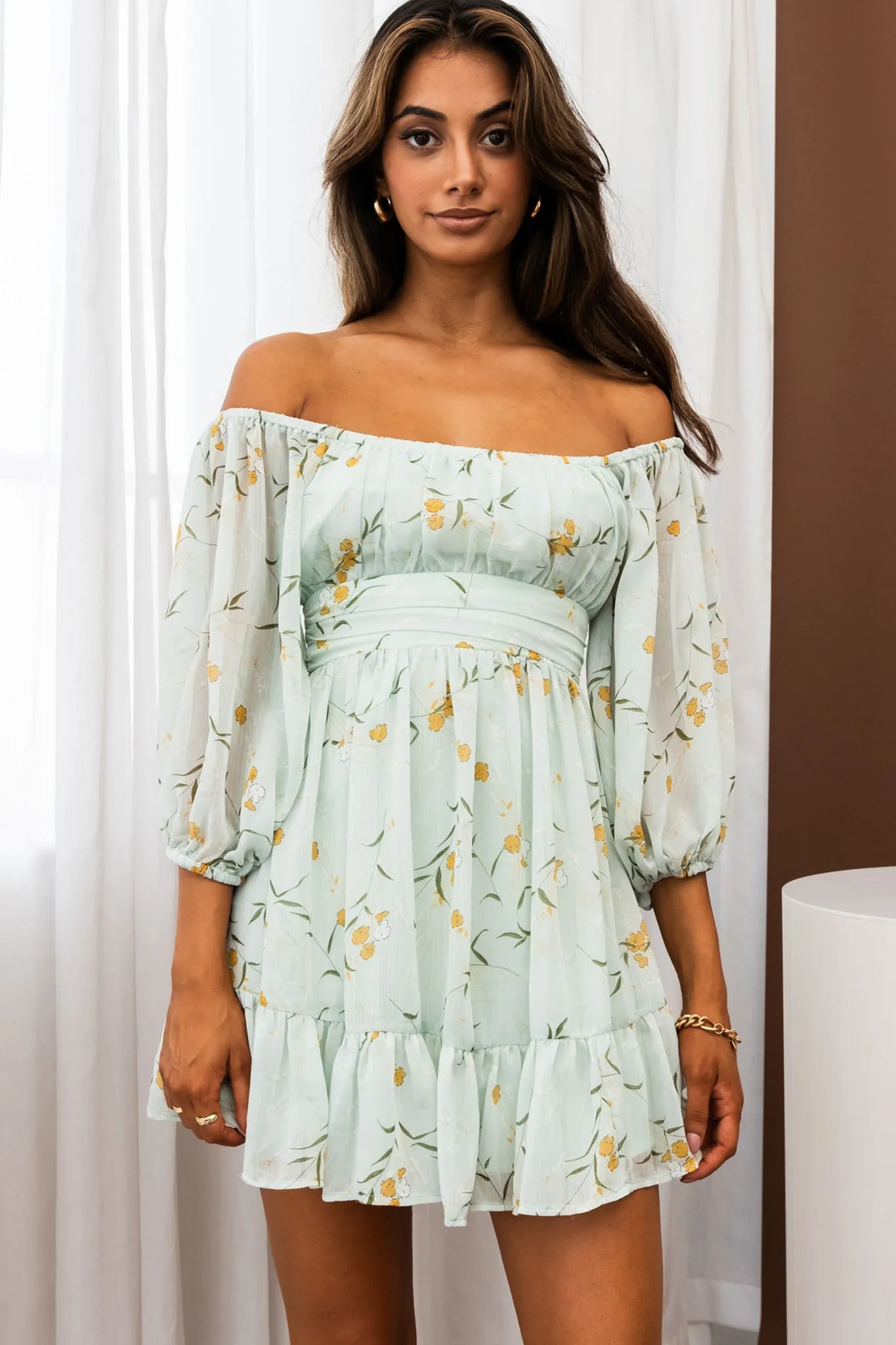 Abby Off-Shoulder Tie-Up Back Dress Floral Print Mint