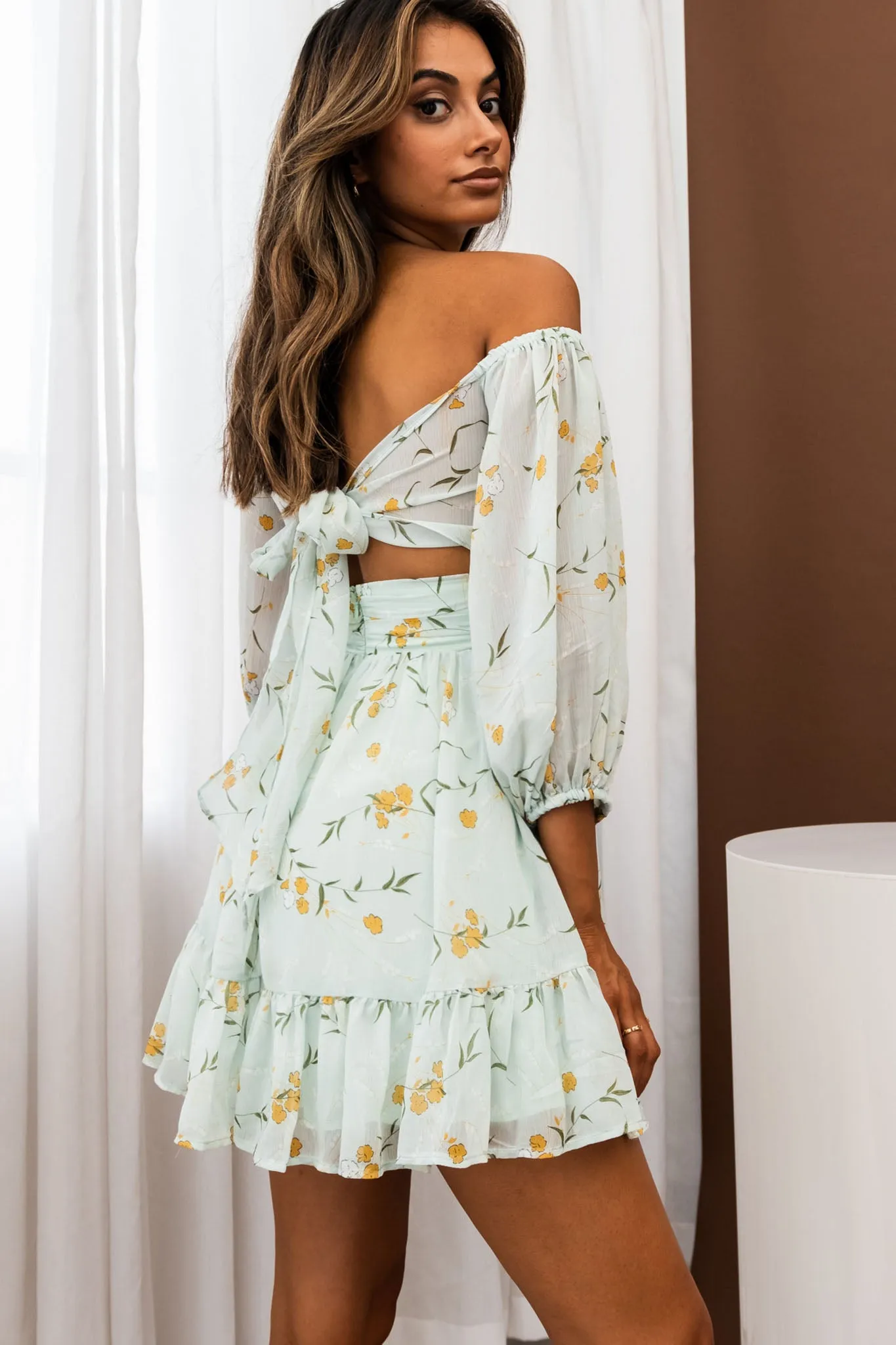 Abby Off-Shoulder Tie-Up Back Dress Floral Print Mint