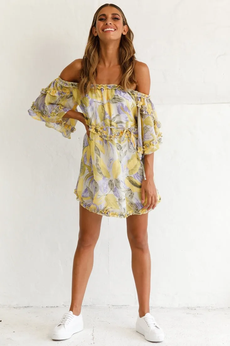 Adriel Off-Shoulder Frill Detail Dress Leaf Print White/Yellow