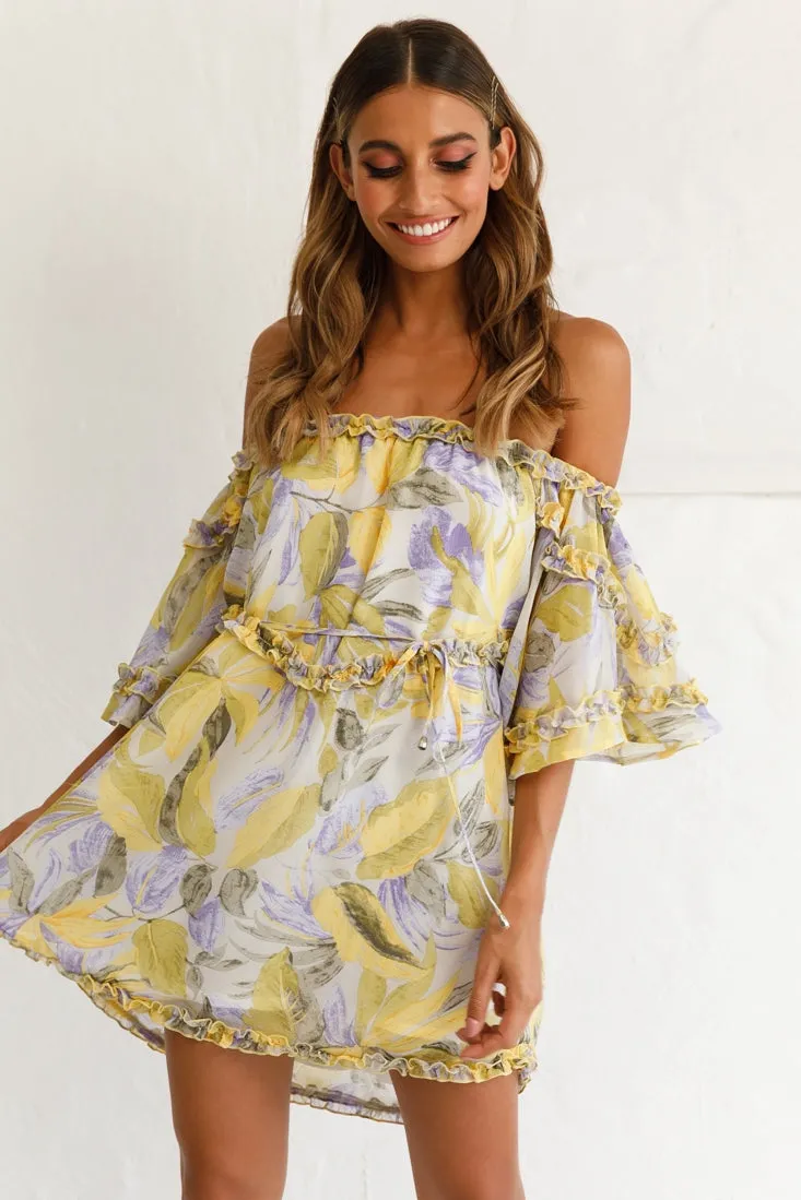 Adriel Off-Shoulder Frill Detail Dress Leaf Print White/Yellow