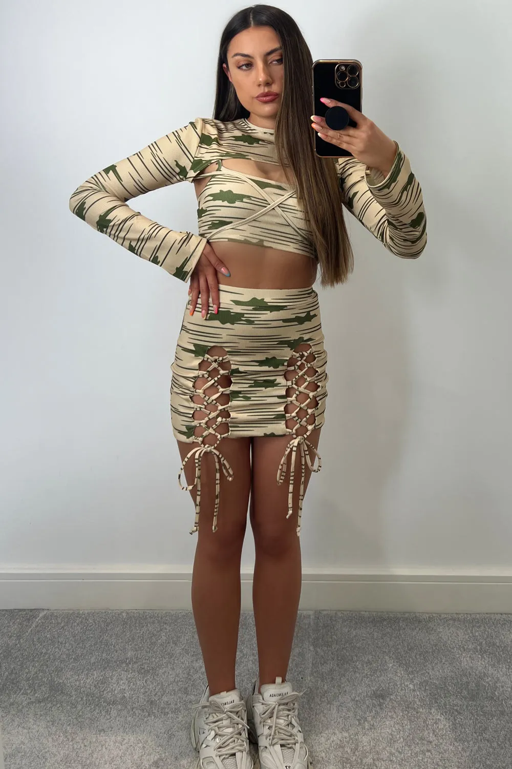 April Beige Rib Printed 3 Piece Lace Up Co-Ord Set