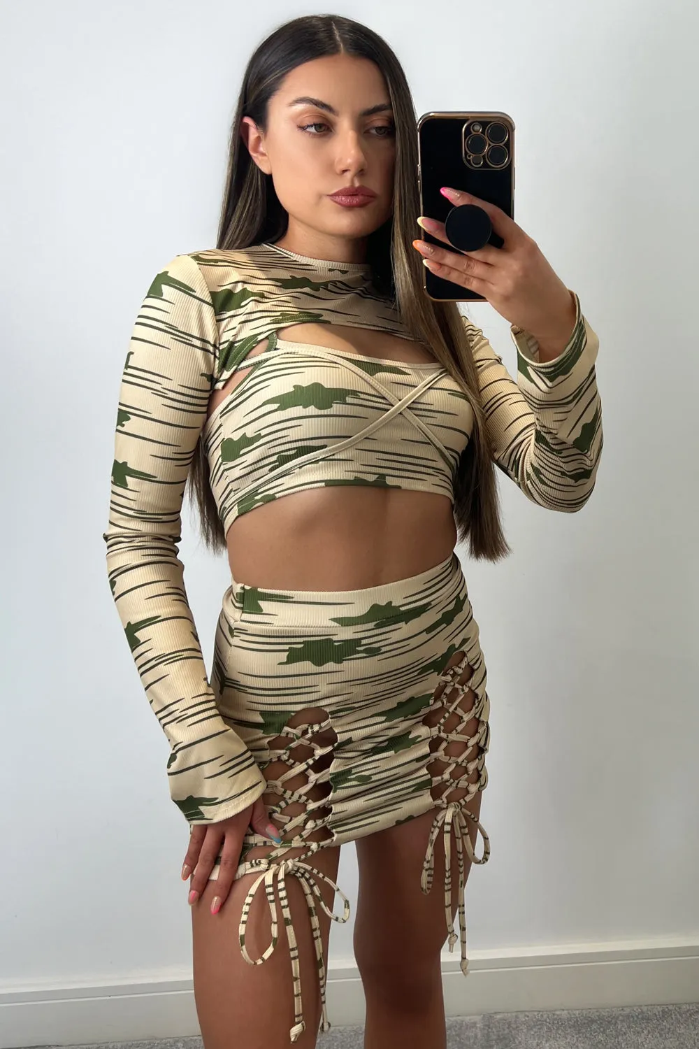 April Beige Rib Printed 3 Piece Lace Up Co-Ord Set