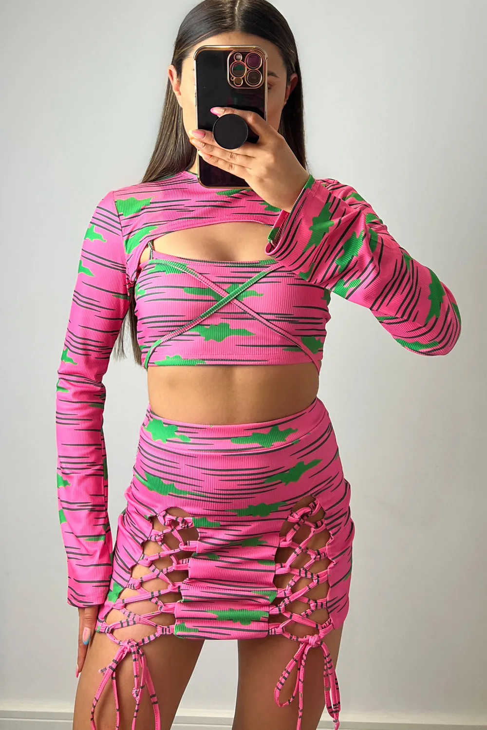 April Pink Rib Printed 3 Piece Lace Up Co-Ord Set