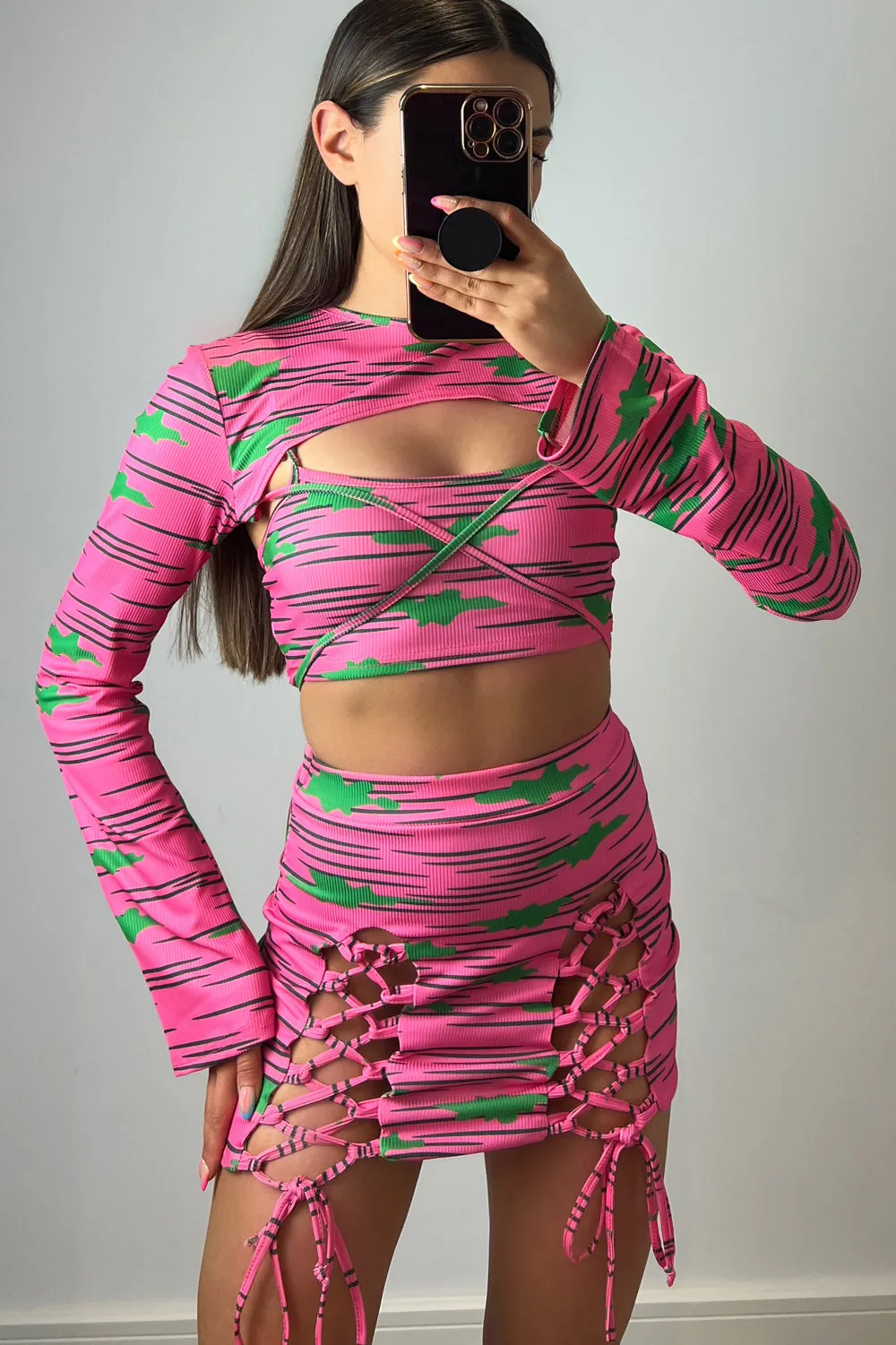 April Pink Rib Printed 3 Piece Lace Up Co-Ord Set