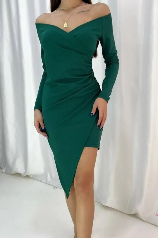 Asymmetric Cut Skirt Off-Shoulder Mini Dress - Green