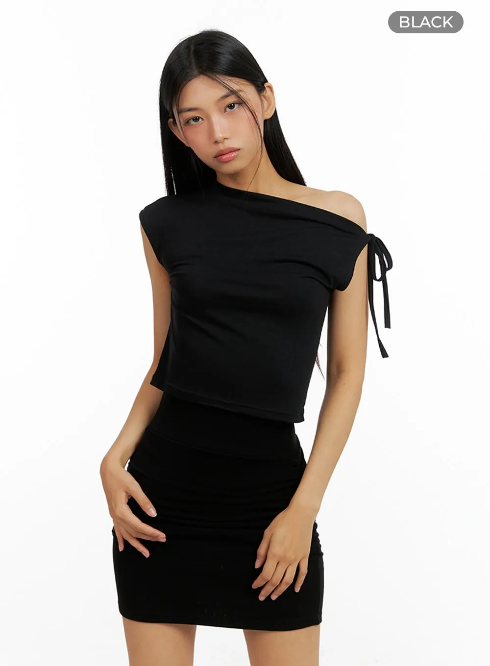 Asymmetrical Ribbon One-Shoulder Crop Top IL419