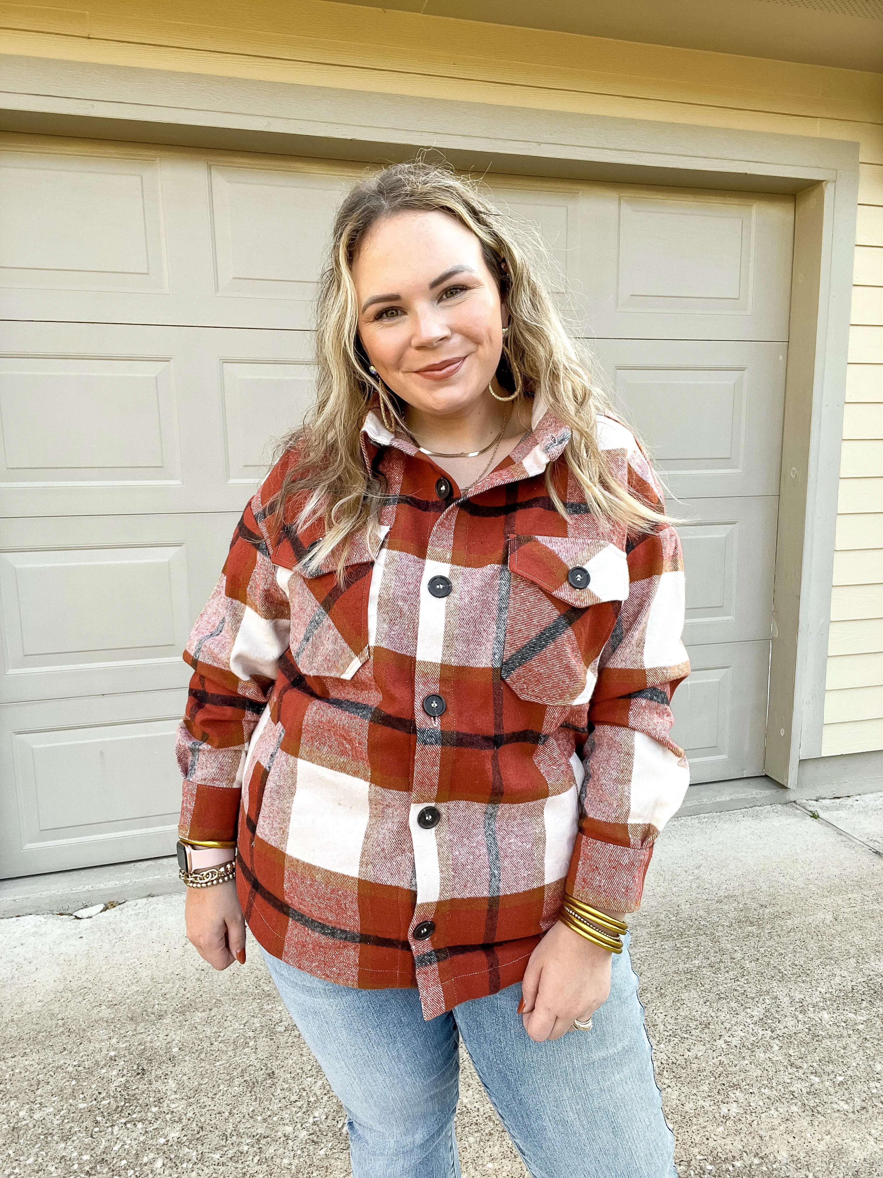 Autumn Air Plaid Button Up Shacket in Rust