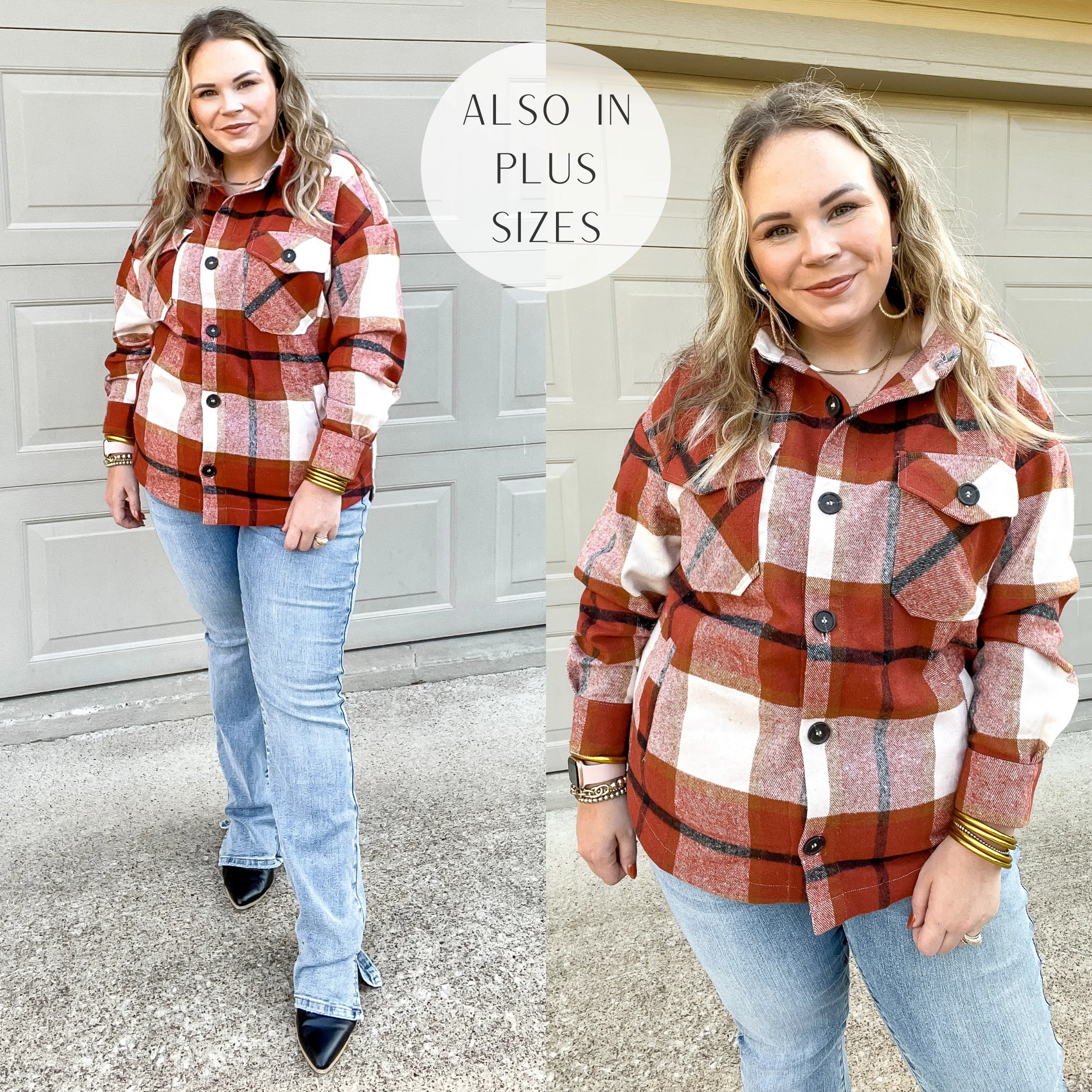 Autumn Air Plaid Button Up Shacket in Rust