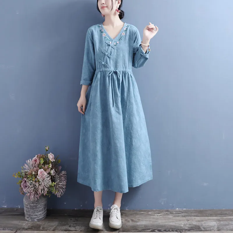 Autumn Cotton Linen Floral Embroidery Retro Dress