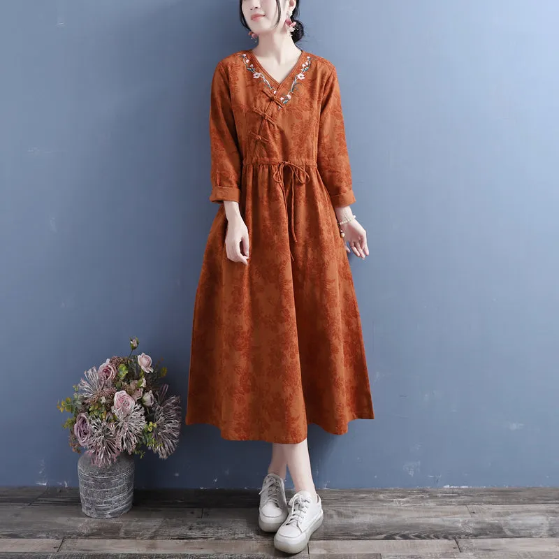 Autumn Cotton Linen Floral Embroidery Retro Dress