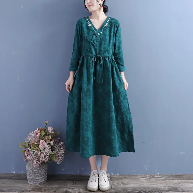 Autumn Cotton Linen Floral Embroidery Retro Dress