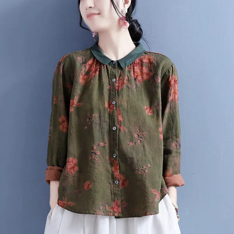 Autumn Linen Retro Print Loose Long Sleeve Blouse