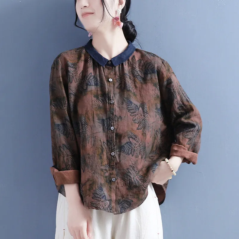 Autumn Linen Retro Print Loose Long Sleeve Blouse