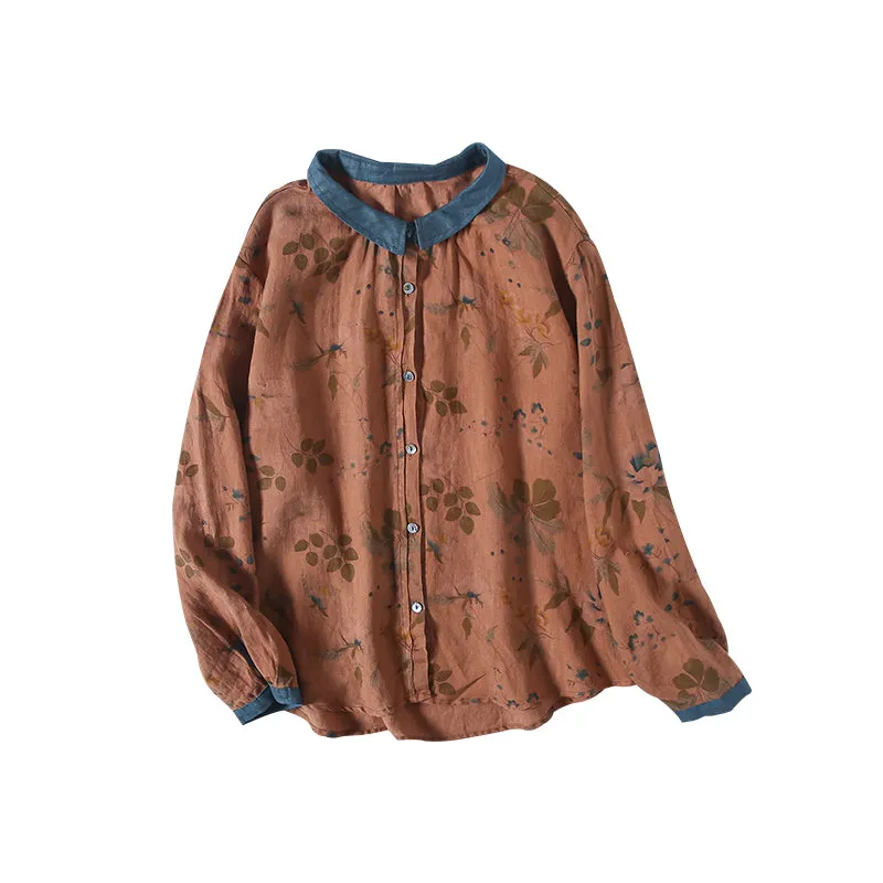 Autumn Linen Retro Print Loose Long Sleeve Blouse