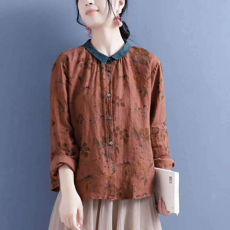 Autumn Linen Retro Print Loose Long Sleeve Blouse