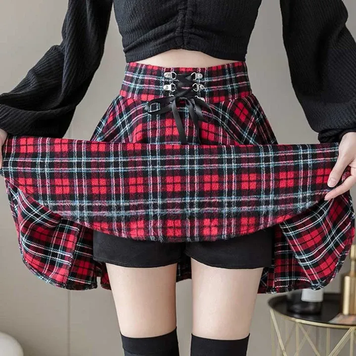 Autumn Plaid Lace-up Preppy Skirt AD12673