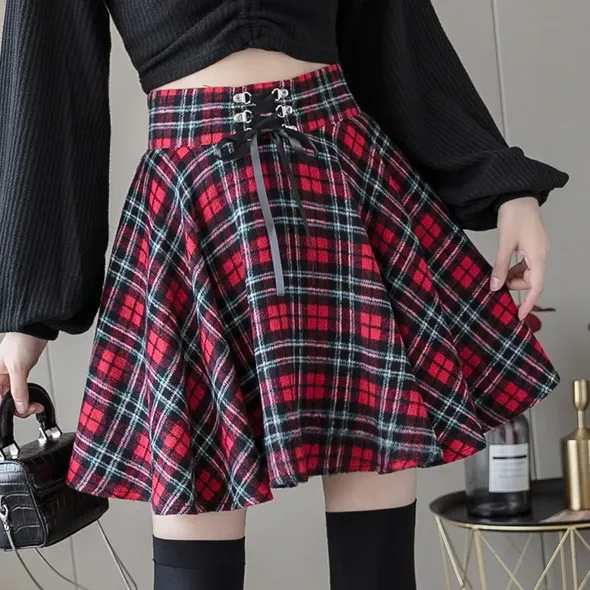 Autumn Plaid Lace-up Preppy Skirt AD12673