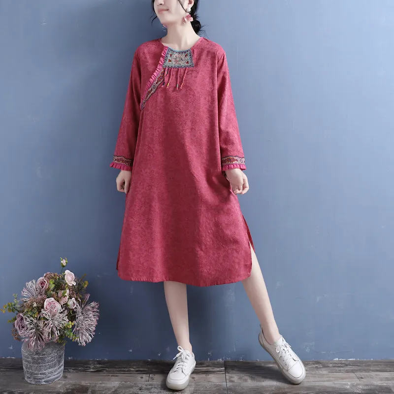 Autumn Retro Patchwork Cotton Linen Dress