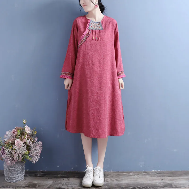 Autumn Retro Patchwork Cotton Linen Dress