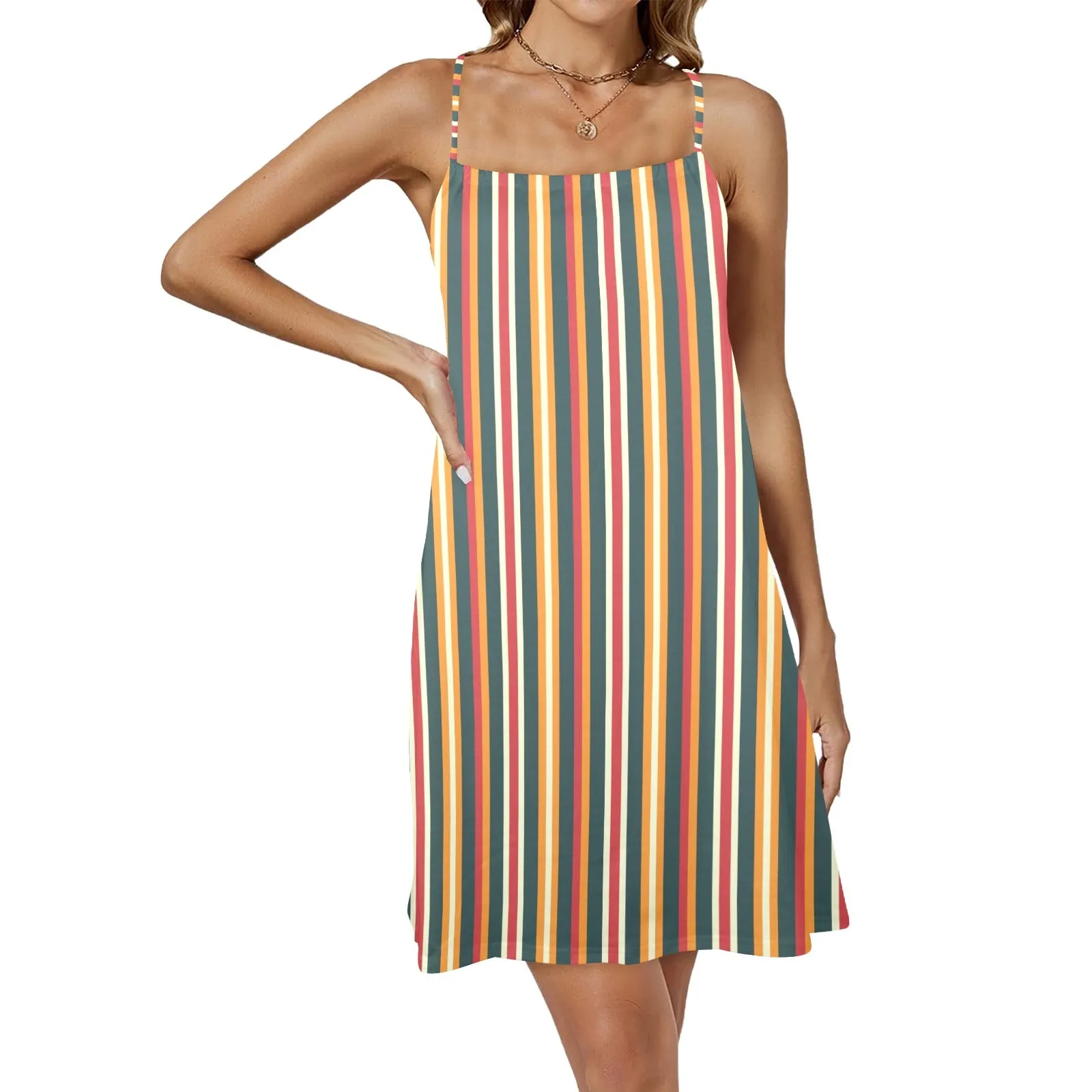 autumn stripes print 2 Drawstring Neck Sleeveless Dress (Model D68)