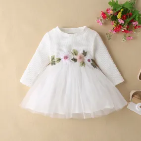 Baby Girls Spring and Autumn Floral Embroidered White Mesh Dress