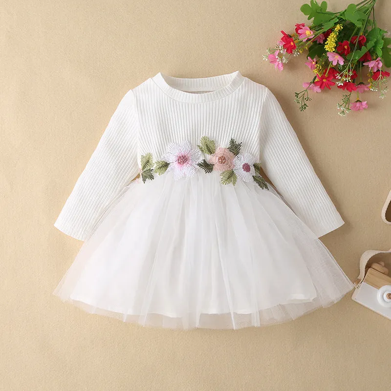 Baby Girls Spring and Autumn Floral Embroidered White Mesh Dress