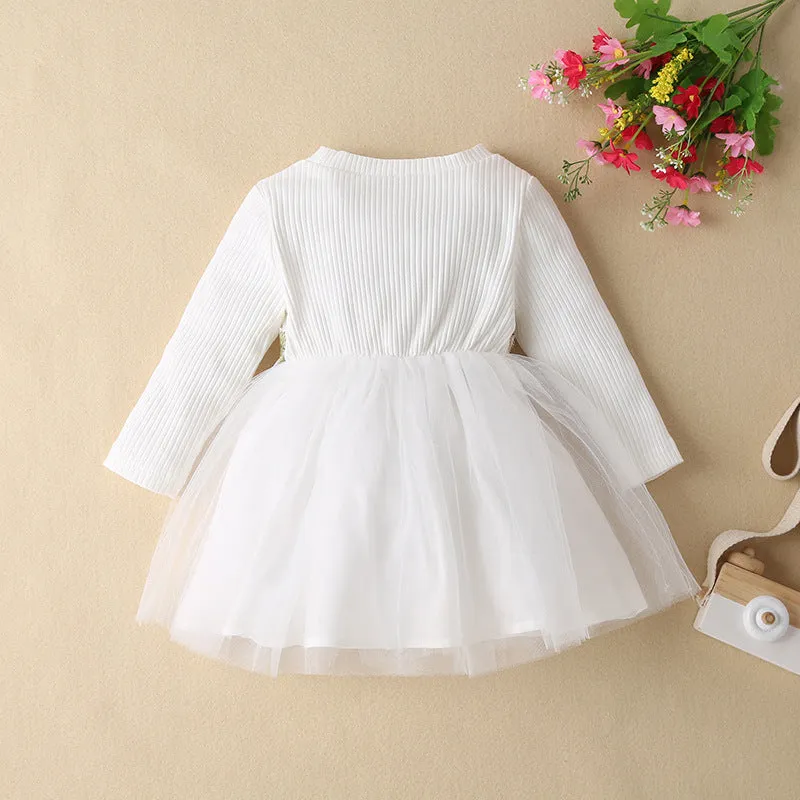 Baby Girls Spring and Autumn Floral Embroidered White Mesh Dress