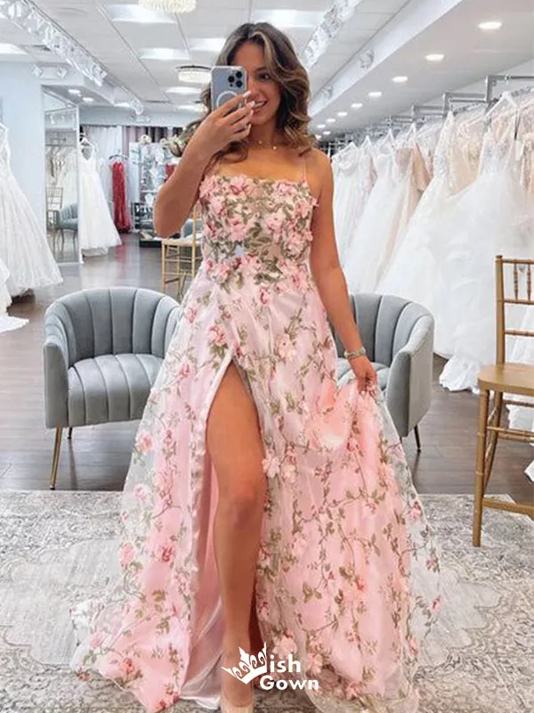 Beautiful Pink A-Line Spaghetti Strap Side Slit Popular Long Evening Dresses, Formal Dresses, Birthday Party, WGP585