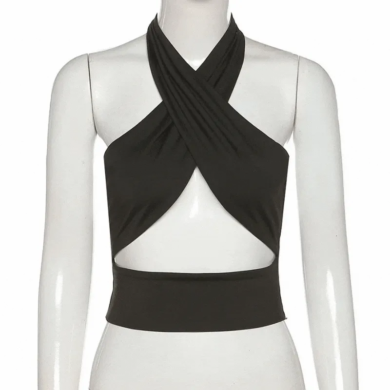 Black Asymmetrical Wrap Halter Crop Top